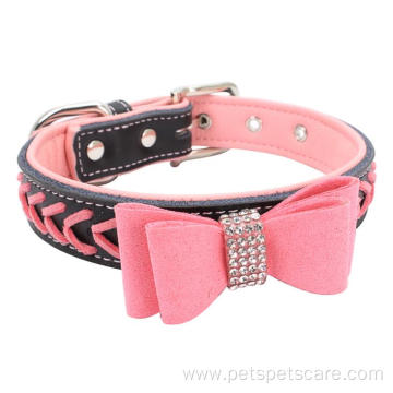 co-friendly colorful rhinestone bowtie leather dog collar